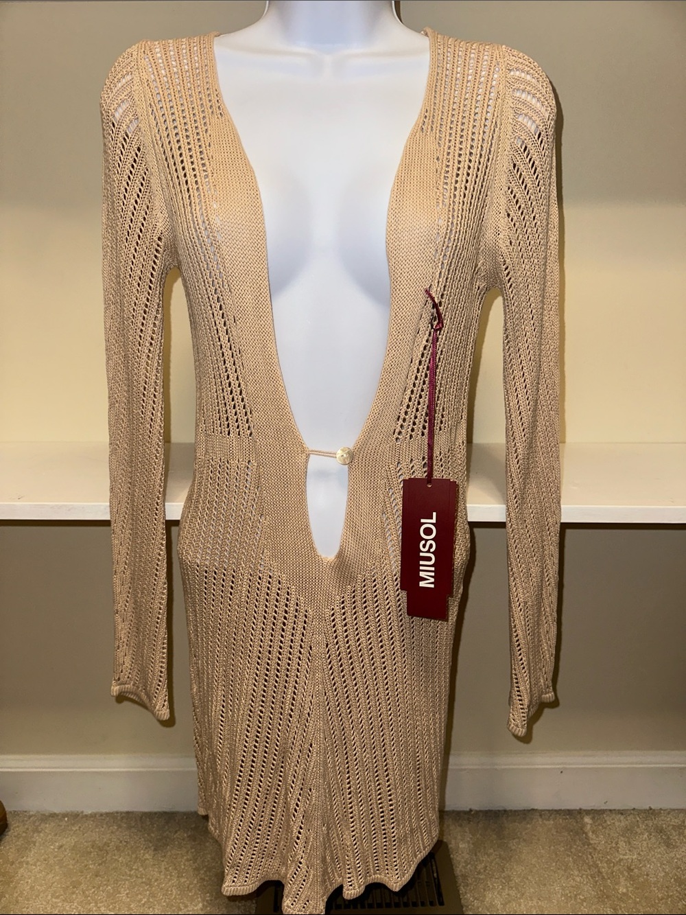 Miusol Neutral Beige Open-Knit Deep V Swim Coverup